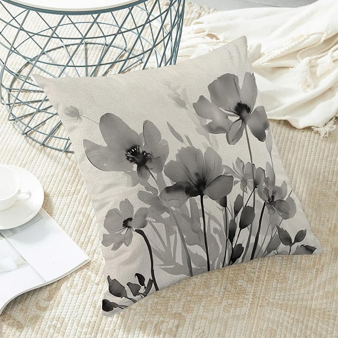 Spring Floral Pillow Covers 18x18 Inches Set of 2,Gray Floral Throw Pillow Covers Outdoor Summer Flower Decoration Pillowcase Farmhouse Decorative Square Linen Cushion Cover For Home Couch Sofa