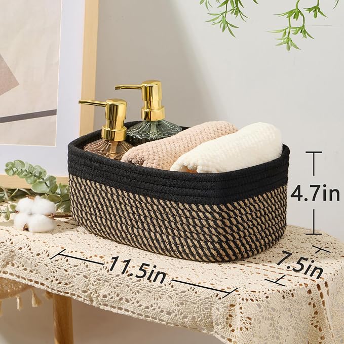 MiniArk Small Storage Baskets for Organizing | Closet Organizer Bins | Shelf Toy Basket | Woven Rope Baskets | Cube Decorative Box | Shallow Basket | 11.5x7.5x4.7” | 3 Packs Black Brown