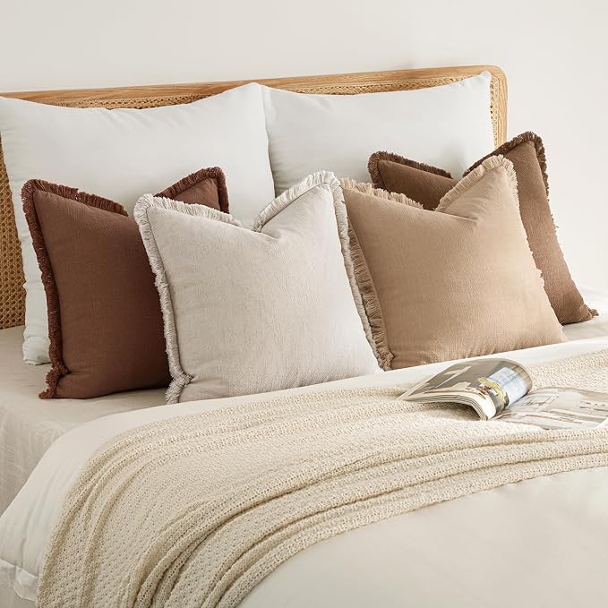 MIULEE Fall Linen Fringe Pillow Covers Set of 4 24x24 Beige/Brown | Boho Farmhouse Decorative Throw Pillow Covers, Neutral Euro Rustic Cushion Cases, for Couch Sofa Bed Living Room Home Decor
