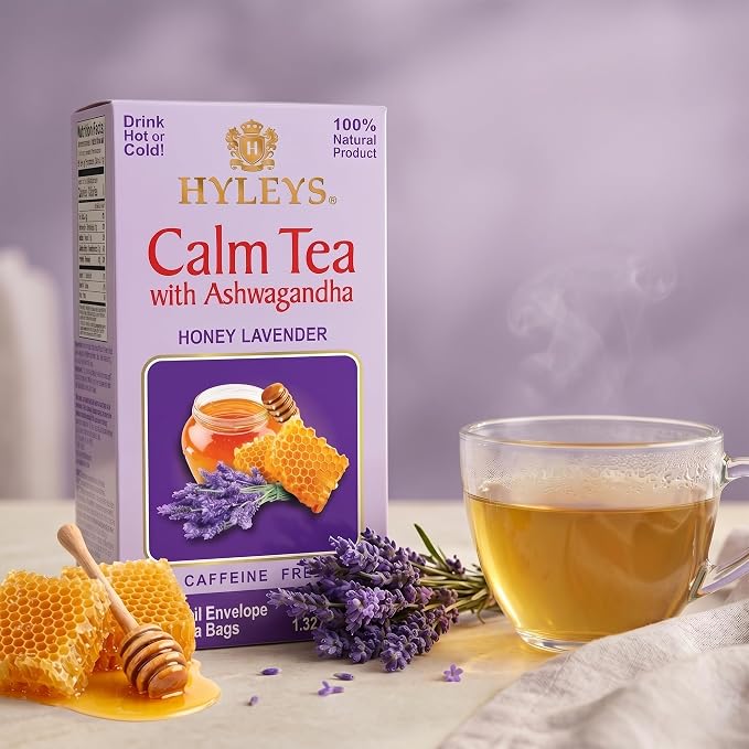 Hyleys Calm Tea with Ashwagandha - Lavender & Honey Flavor - Caffeine-Free, Herbal Tea - 25 Tea Bags - Sleepy Chamomile Bedtime Blend: Natural Herbal Tea for Deep Relaxation & Restful Sleep