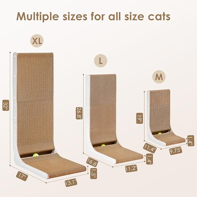 EHEYCIGA Cardboard Cat Scratcher for Indoor Cats, 26.8 Inch, White | L Shaped Scratching Post, Vertical Cat Scratching Board with Ball Cat Toy, Furniture Protector, Large Cat Scratch Pad
