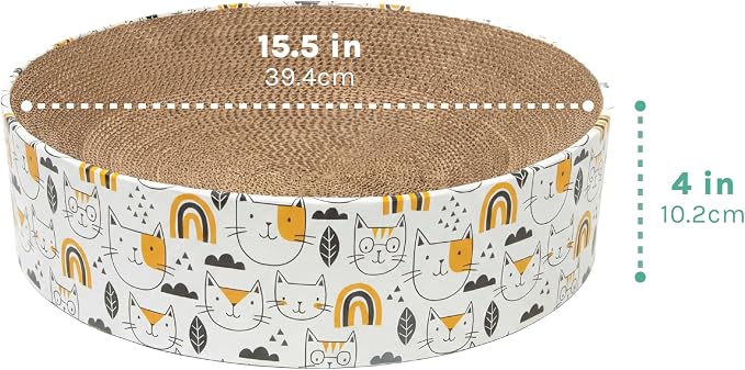 Kitty City Cat Print Corrugate Scratcher Bed - Round Lounger Scratch Pad with Corrugated Cardboard, Horizontal Nail File Surface, Indoor Kitty Furniture, Cat Enrichment, Sleep, & Play, 15.5” x 15.5”
