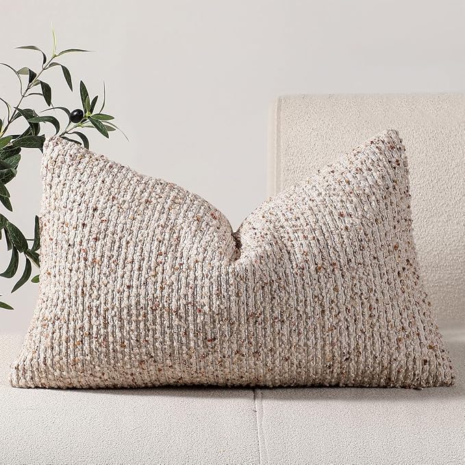 12x20 Beige Lumbar Pillow Cover Textured Boucle Striped Chic Morden Boho Accent Farmhouse Rectangular Decorative Couch Pillow Case for Home Decor Bed Sofa Living Room