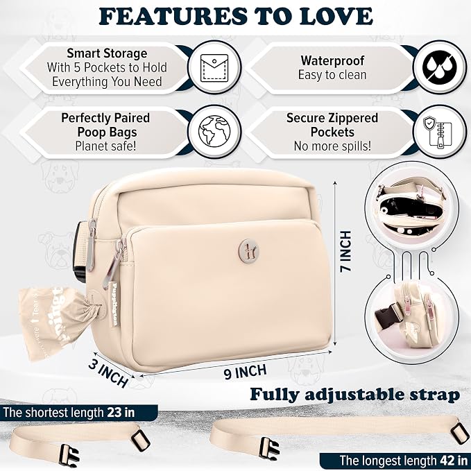 Puppington 3-in-1 Crossbody Bag & Dog Treat Pouch for Pet Training - Matching Poop Bags & Built-In Poop Bag Dispenser - Zippered Pockets - Dog Walking Bag for Office to Off-Leash (Vanilla Cream)