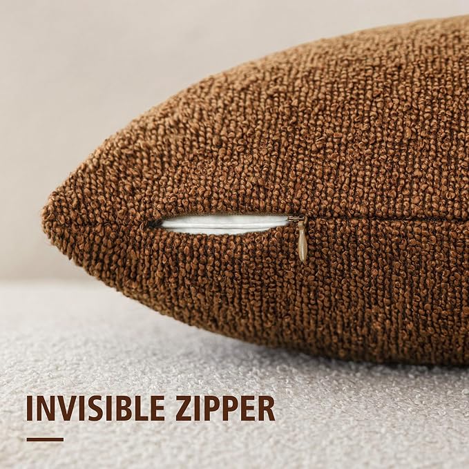 Foindtower Pack of 2 Textured Boucle Throw Pillow Covers Accent Solid Pillow Cases Cozy Soft Decorative Couch Cushion Case for Chair Sofa Bedroom Living Room Home Decor 18x18 Inch Hazel Brown