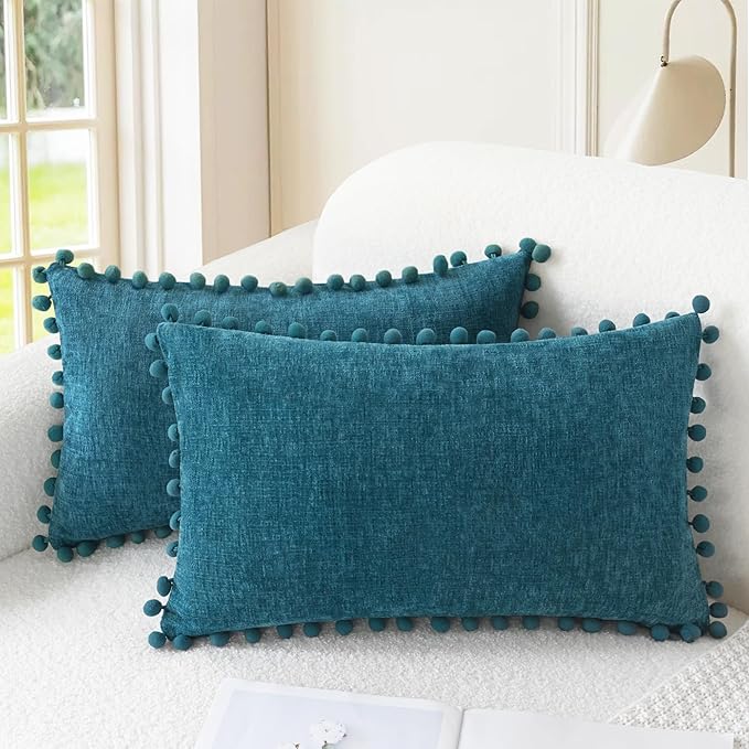 CaliTime Decorative Couch Throw Pillow Covers 20 X 12 Inches Ocean Blue | Pack of 2, Cozy Chenille Cushion Cases, with Pom Poms for Sofa Bed Living Room Farmhouse Home