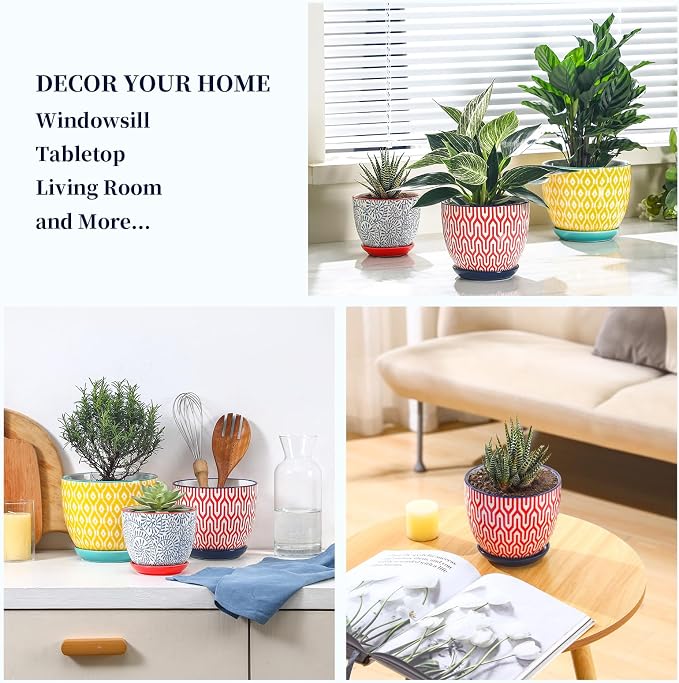 Selamica Ceramic Plant Pots, 4.6+5.6+6.5 Inch Planters with Drainage Holes & Saucer, Flower Pots for Indoor Plants, Home Decor, Set of 3, Assorted Colors