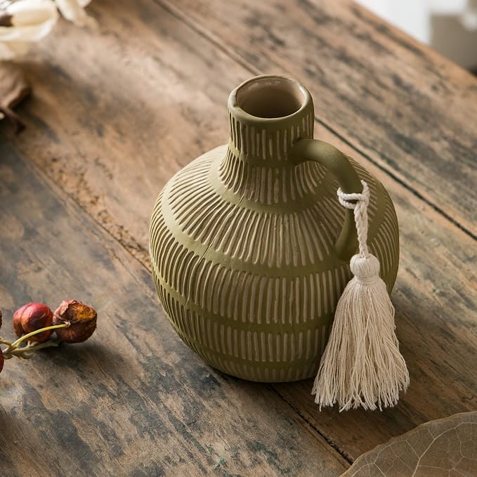 Mowtanco Farmhouse Vase with Handle and Tassel, Grey Yellow Vertical Stripes Design Clay Vase 10'' Tall - Ceramic Flower Vase for Rustic Home Decor, for Fireplace Kitchen Living Room Centerpieces