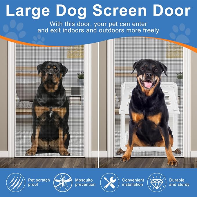 Large Dog Screen Door, 13 x 17 inches Flap Opening Dog Door for Screen Door with 4 Entry Ways, Magnetic Self-Closing Pet Screen Door for Dogs Cats, White