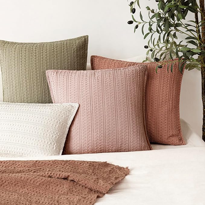 Foindtower Set of 2 Decorative Cotton Waffle Weave Throw Pillow Covers Euro Shams Cushion Covers Accent European Pillowcase for Bed Couch Sofa Bedroom Living Room Home Decor 22×22 Inch Dusty Pink