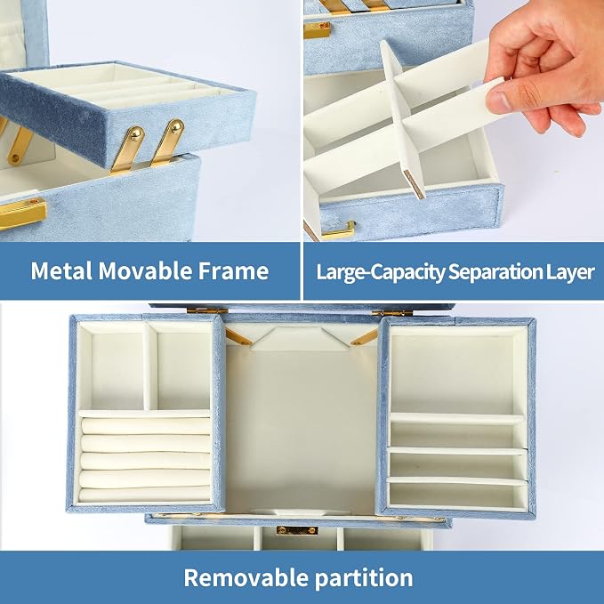 Jewelry Organizer Box, Large Jewelry Boxes for Women Girls, Space-Saving 3 Layers Jewelry Storage Case with Drawer, Gift Idea for Christmas, Valentine's Day, Birthday, Mother's Day (Blue)