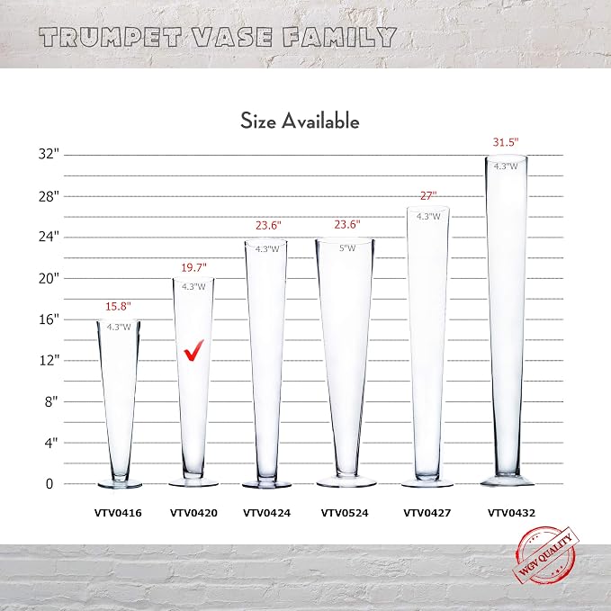 WGV Trumpet Glass Vase, Open 4", Height 20", (Multiple Sizes Choices) Clear Tall Pilsner Floral Planter Container Centerpiece, Wedding Event Home Decor, 1 Piece (VTV0420)