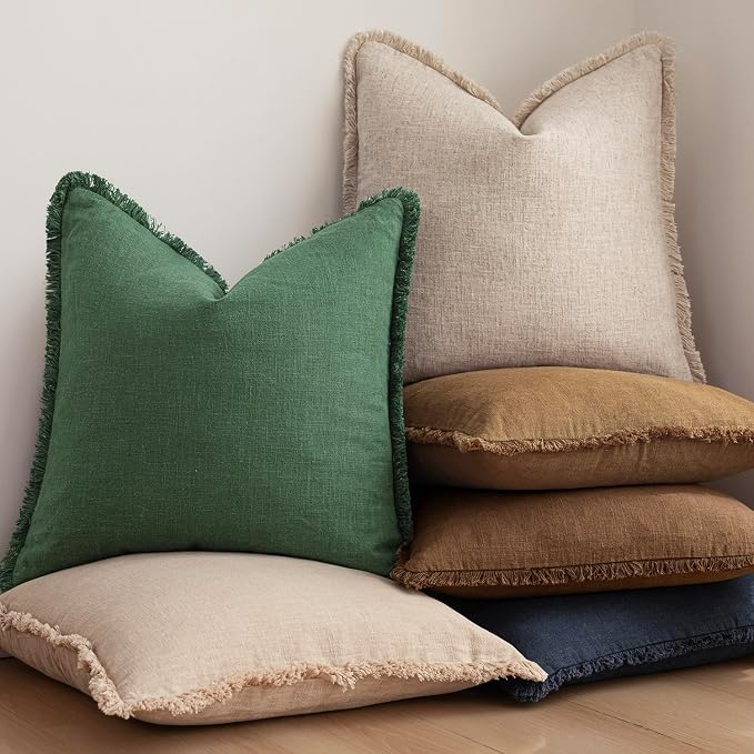 Foindtower Set of 2 Decorative Linen Fringe Throw Pillow Covers Cozy Boho Farmhouse Cushion Cover with Tassels Soft Accent Pillowcase for Couch Sofa Bed Living Room Home Decor, 26×26 Inch, Pine Green