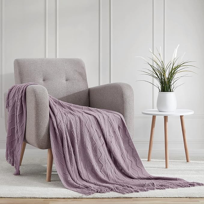 BOURINA Light Lavender Throw Blanket 50x60Inch Knit Soft Throw Sofa Blanket | Knitted Throw Blanket 50x60 Inches, Soft Lightweight Boho Weave Throw Decorative Couch Blanket for Living Room Bedroom Chair
