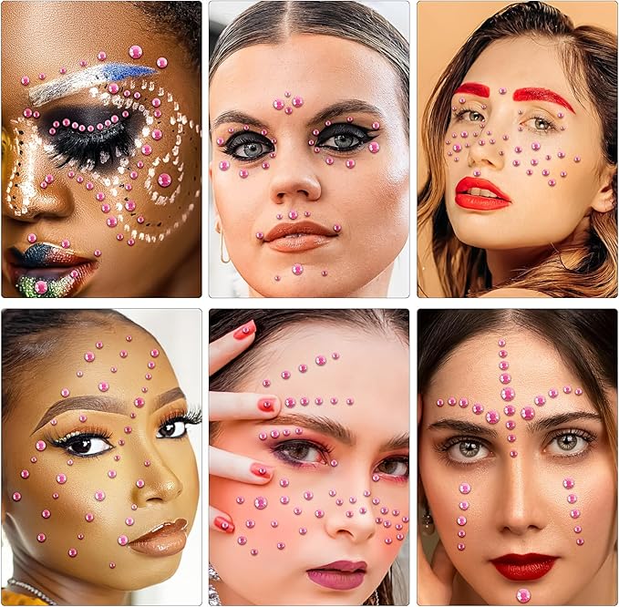 591pcs Face Gems Hair Gems Pearls, Self-Adhesive Face Jewels Eye Rhinestones 3/4/5/6/8 mm Face Gem Stick on, Halloween Makeup Gems Rave Accessories for Face Eyes Body Makeup (11.Light Pink)