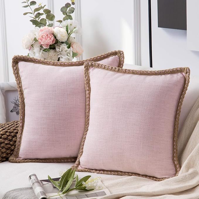 Phantoscope Pack of 2 Farmhouse Decorative Throw Pillow Covers Burlap Linen Trimmed Tailored Edges Light Pink 20 x 20 inches, 50 x 50 cm