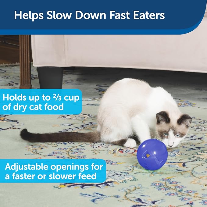 PetSafe Slimcat Feeder Ball Cat Toy, Blue | Interactive Puzzle Game for Your Cat, Adjustable Openings Control Portion & Feed Speed, Slows Fast Eaters, Improve Digestion