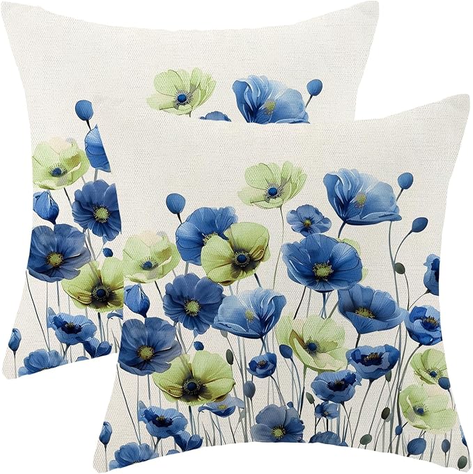 Spring Floral Pillow Covers 18x18 Set of 2 Blue Green Flower Decorative Throw Pillow Covers Decoration Summer Seasonal Pillowcase Farmhouse Decorative Cushion Cover For Couch Sofa Outdoor Decor