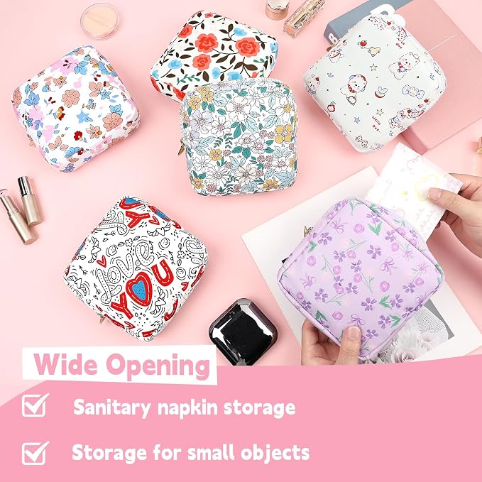 Sanitary Pad Storage Bag Portable Period Bag for Teen Pads/Sanitary Napkins/Small Tampons, Sanitary Napkin Storage Bag First Period Gifts for Teen Girls (Summer Floral)
