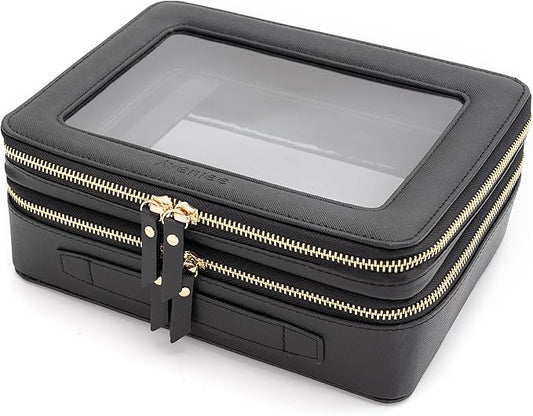 Aveniee XL Clear Makeup Organizer,Double Layer Travel Cosmetic Case with Brush Holder & Zippered Compartments,Big Toiletry Bag for Travel Accessories,2 Layers Large,Black