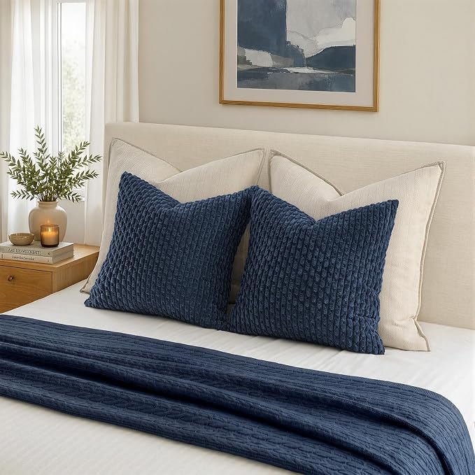 MIULEE Decorative Throw Pillow Covers 20x20 Navy Blue Textured Corduroy | Pack of 2 Striped Pillow Covers Modern Farmhouse Coastal Home Decor for Couch Bed Sofa Living Room