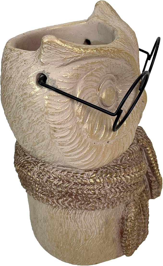 Owl Cement Vase, 8.25 Inch Bespectacled Woodland Planter | Horned Tufts, Distressed Taupe Finish, Real Black Wire Glasses, Gold-Brushed Knit Scarf, 2.75 Inch Opening