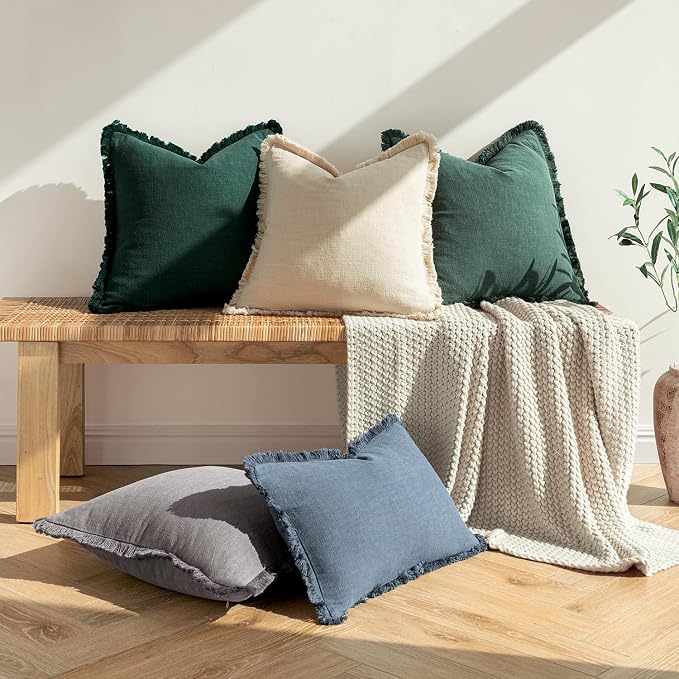 MIULEE Linen Fringe Decorative Euro Throw Pillow Covers Navy Blue 22x22 | Set of 2, Cottagecore Decor, Boho Farmhouse Coastal Pillow Covers, Rustic Couch Cushion Cases for Sofa Bed Living Room