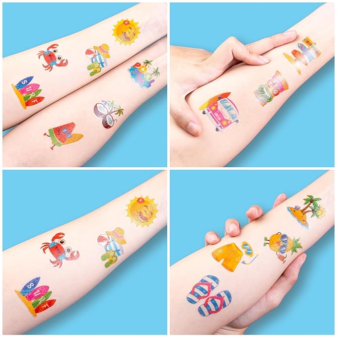 96 PCS Hello Summer Beach Pool Hawaiian Pre-Cut Temporary Tattoos for Kids | Super Cute Themed Birthday Party Favors, Supplies, Decorations, Fake Tattoo Stickers (Multiple)