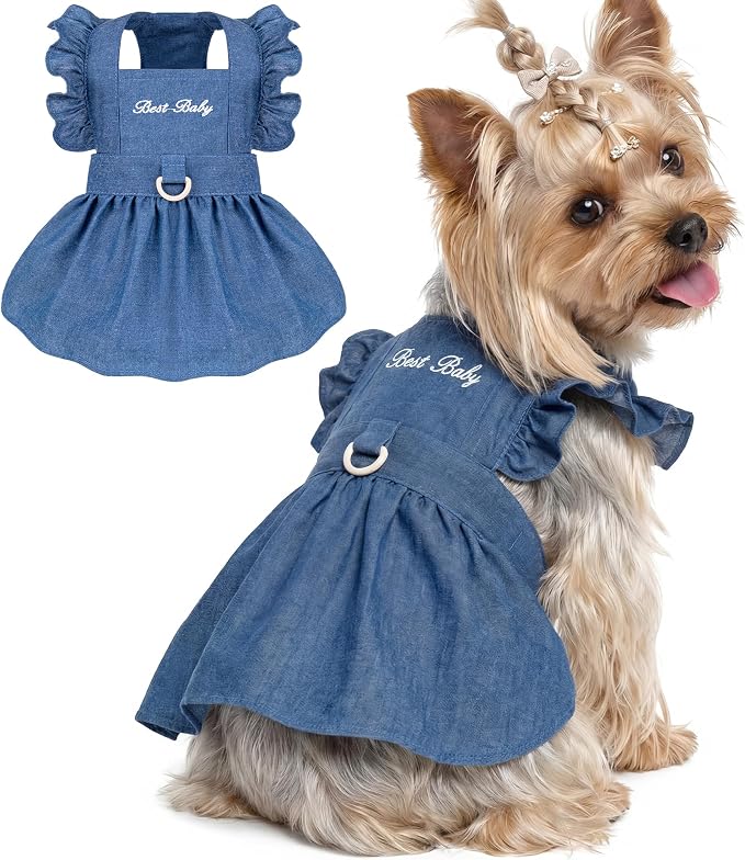Denim Cat Dog Dress Clothes for Small Dogs with Leash Ring Summer Girl Small Dog Clothes Outfit Belly Velcro Fastening Cat Outfits&Apparel for Girl
