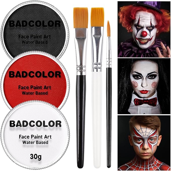 White Black Red Joker Clown Face Body Paint with Brushes for Halloween Makeup, Water Based Face Painting Kit Non Toxic for Kids & Adults, Facepaint Set for Skull Witch Goth Vampire SFX Cosplay Make Up