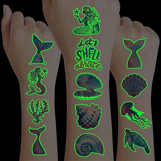 96 PCS Mermaid Ocean Sea Pre-Cut Luminous Glow in the dark Temporary Tattoos for Kids | Super Cute Themed Birthday Party Favors Supplies Decorations, Fake Tattoo Stickers Gifts for Boys Girls Rewards