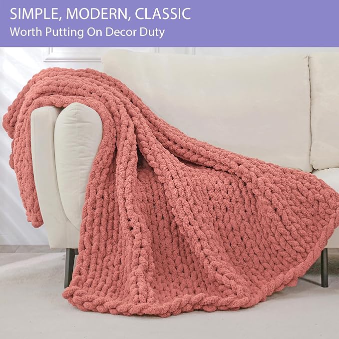 Bigacogo Chunky Knit Throw Blanket for Couch, 40x40 inches, Antique Red | Hand Knit with Jumbo Chenille, Soft Breathable Cable Knit for Sofa Bed Living Room, Machine Washable, Gift for Mom Friend
