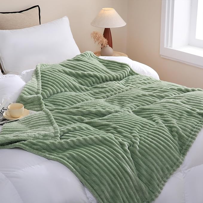 Sage Green Fleece Throw Blanket 60”×80” for Couch Sofa Livingroom | Super Soft Cozy Plush Microfiber Flannel Bed Blanket Striped Design Lightweight Home Decor Gifts for Adults Mom Women