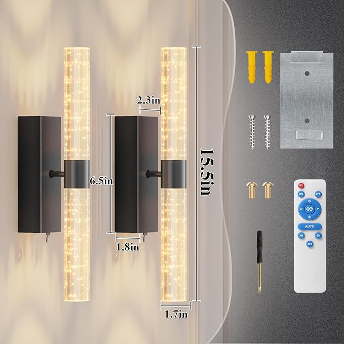 camuucci Battery Operated Wall Sconces Set of 2, Rechargeable Wall Lights | 12000mAh Long-Lasting Battery,Dimmable Cordless Sconce,No Wiring Needed for Bedroom,Living Room,Black 15.3-Inch