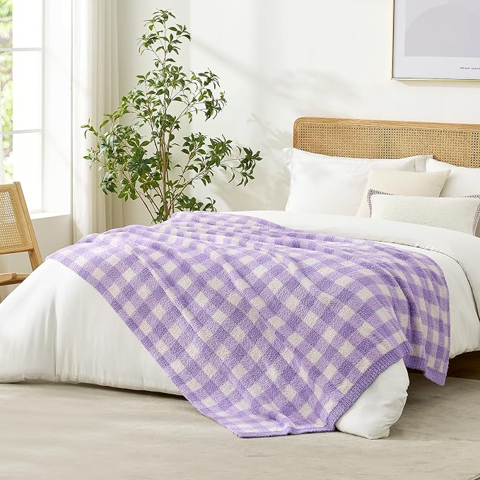 Snuggle Sac Buffalo Plaid Bedding Blanket Twin Size, Super Soft, Cozy Warm Knit Decorative Blankets, Reversible Plaid Fluffy Throws for Bed, Plaid Purple, 60x80 Inches