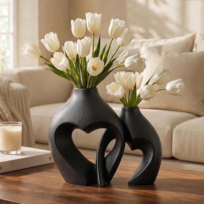 Black Ceramic Flower Vases Home Decor Heart Shaped Vase Set of 2 | Nordic Heart Shaped Vases Minimalist Decorative Vase for Table Centerpiece Wedding Dining Living Room Office House Decoration