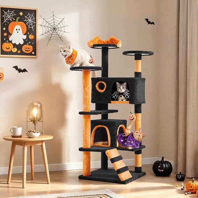 Yaheetech 54in Gothic Cat Tree, Multilevel Indoor Halloween Cat Tower | Activity center with cute kitten-ear perch, scratching posts, 2 kittens caves, black/pumpkin orange halloween decor