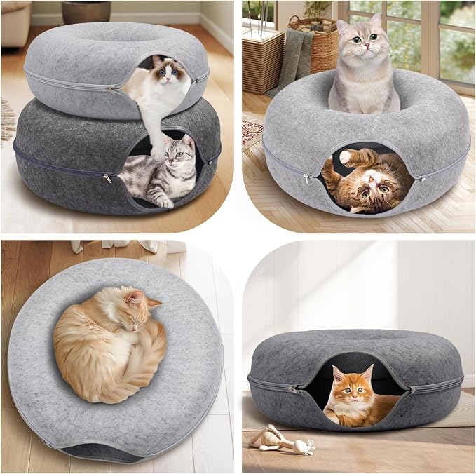 Cat Caves for Indoor Cats, Large Cat Tunnel for Multiple & Large Cats, Scratch Detachable Cave Bed, Kitten Donut Kitty Hideaway Up to 45 Lbs (Dark Grey, Large, 2 Pack)