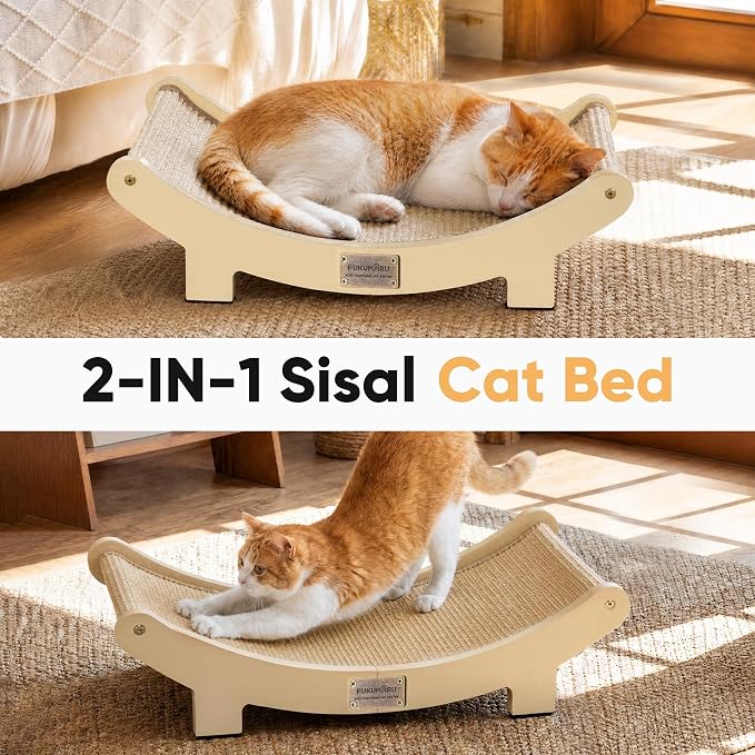 FUKUMARU Extra Large Sisal Cat Scratcher Bed Indoor Sturdy Wood Scratch Bed | 27.4 Inch Large Cat Scratching Bed Scratch Pad, 100% Natural Sisal Cat Hammock, Solid Wood Frame Lounger Chair Sofa