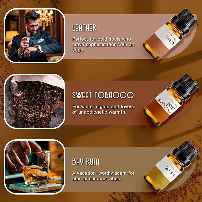 RAINBOW ABBY Fragrance Oil Gentlemen's Set - Leather, Bay Rum, Teakwood, Cedar, Sweet Tobacco, Sandalwood Aromatherapy Oils for Candle & Soap Making, Diffuser Oil Scents (6x10ML)
