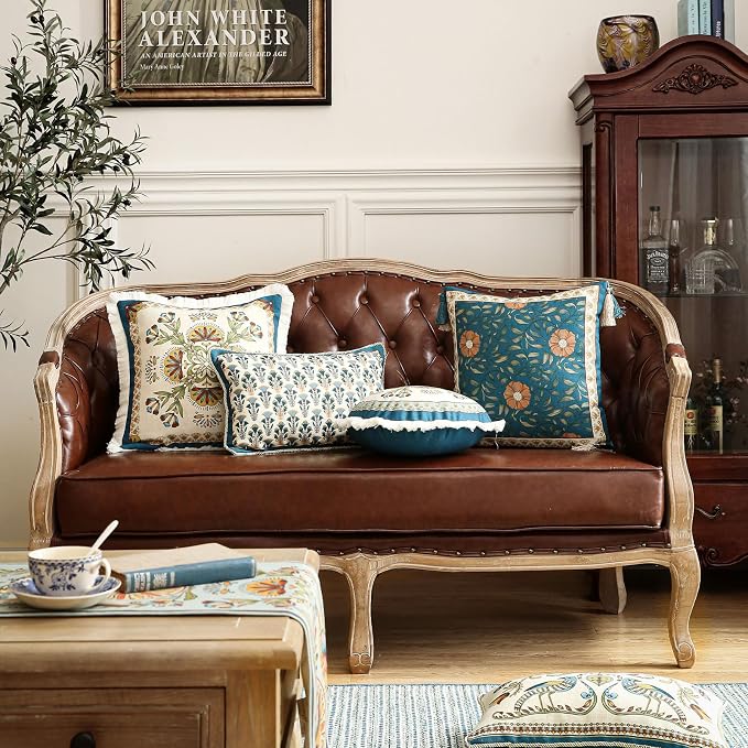 patdrea Designer Vintage Linen Throw Pillow Cover,18"x18"-Wensel A | Decorative Pillow Case,Teal Floral Pattern,Pillow Cover for Couch Living Room Bedroom Sofa,Fringe Trim