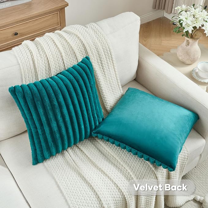 FUTEI Pack of 2 Faux Fur Throw Pillow Covers 18x18 Inch, Teal | Fluffy Faux Rabbit Fur Front/Premium Velvet Back,Hidden Zipper,Machine Washable,Non-Shedding,Colorfast,Insert Not Included.