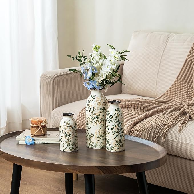Ceramic Flower Vase Set for Home Decor, Vintage Green Vase (6+8+10 Inch) | Rustic Farmhouse Floral Vase for Entryway, Living Room, Kitchen, Coffee Table, Mantel, Bookshelf, Wedding Centerpiece