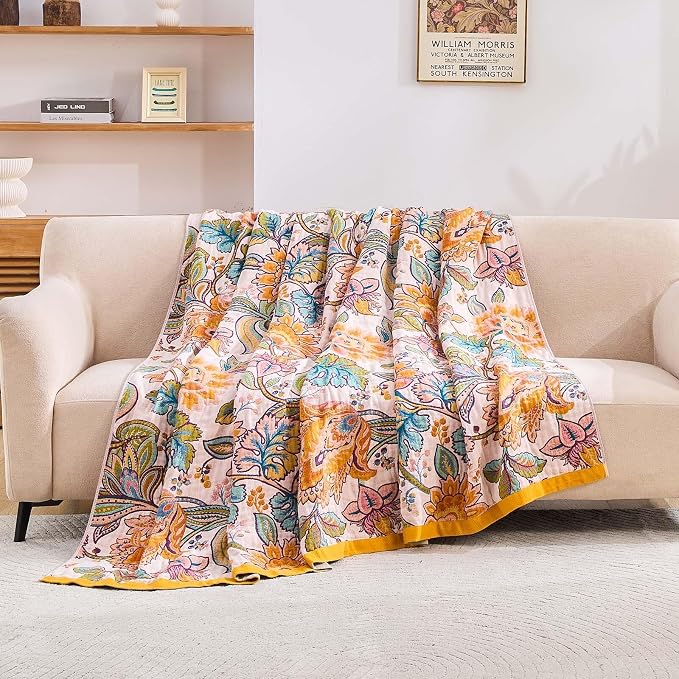 XIBLC Boho Throw Blanket for Bed, 100% Cotton Soft Rustic Quilt Fall Blanket, 50"x60" Floral Printed Farmhouse Decor Bed Blankets, All Season Rustic Reversible Bohemian Throw Quilt