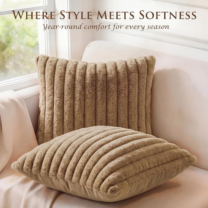 Pack of 2 Throw Pillow Covers 20x20 Decorative Solid Plush Faux Fur with Soft Velvet Back, Square Striped Cushion Cases Modern Farmhouse Home Decor for Living Room Couch Sofa Bed Khaki
