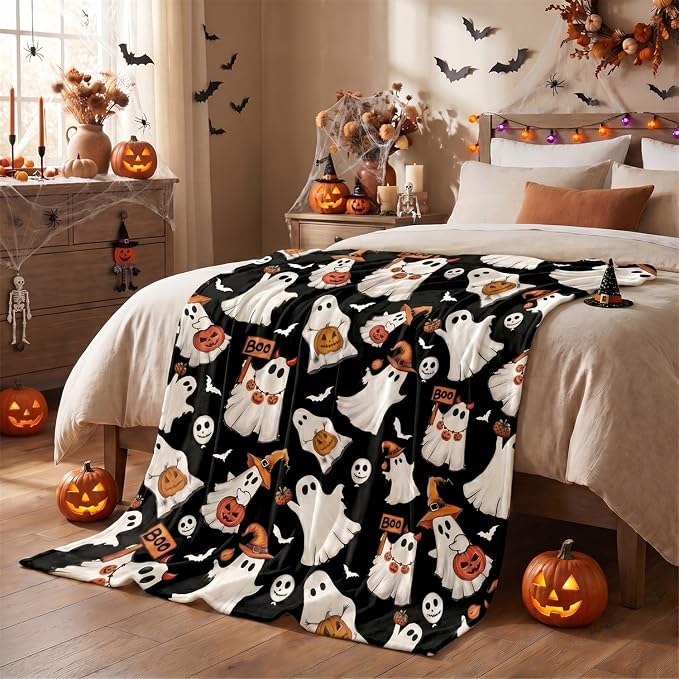 Horaldaily Halloween Black Ghost Pumpkin Skulls Flannel Throw Blanket 50x60 | All Season Using Ultra Soft Fuzzy Plush Cozy Non-shedding Blanket for Couch Sofa Bed Camping, Ideal Gift for Kids Adults