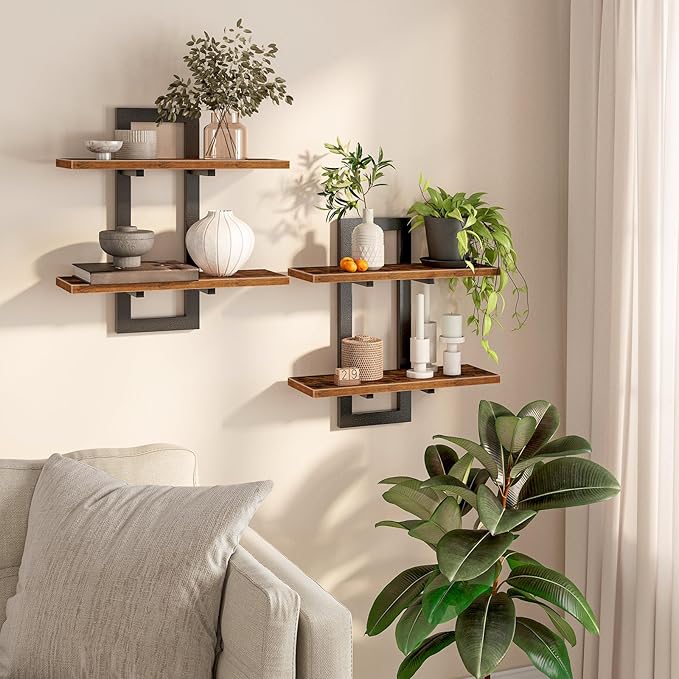 HOOBRO Floating Shelves for Wall, 15" Wall Shelf Set of 2, Wall Mounted Storage Shelves 2-Tier, Hanging Bathroom Shelves, for Living Room, Bedroom, Bathroom, Kitchen, Rustic Brown and Black BF32BJ01G1