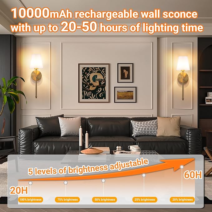Battery Operated Wall Sconces Set Of 2, Wireless Battery Wall Light With 10000mAh RGB Rechargeable Magnetic Bulb, Rechargeable Wall Sconce With Remote Control For Bedroom, No Electrician Required