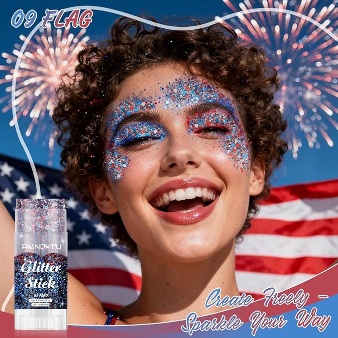 Patriotic Body Glitter Stick, Red White and Blue Face Glitter for Women and Girls, USA Accessories Hair Tinsel Stick for 4th July Independence Day Party Makeup, Concert Stage Performance