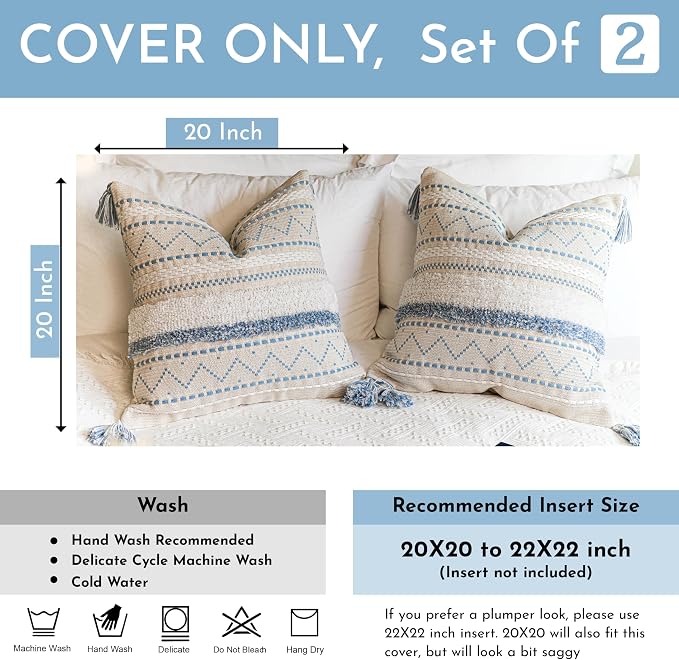 Decorative Throw Pillow Covers 20x20 Combo Set of 2 Square Coastal Blue Boho Accent Pillowcase Tassels Farmhouse Cushion for Couch Sofa Bedroom Living Room Home Décor Cover ONLY